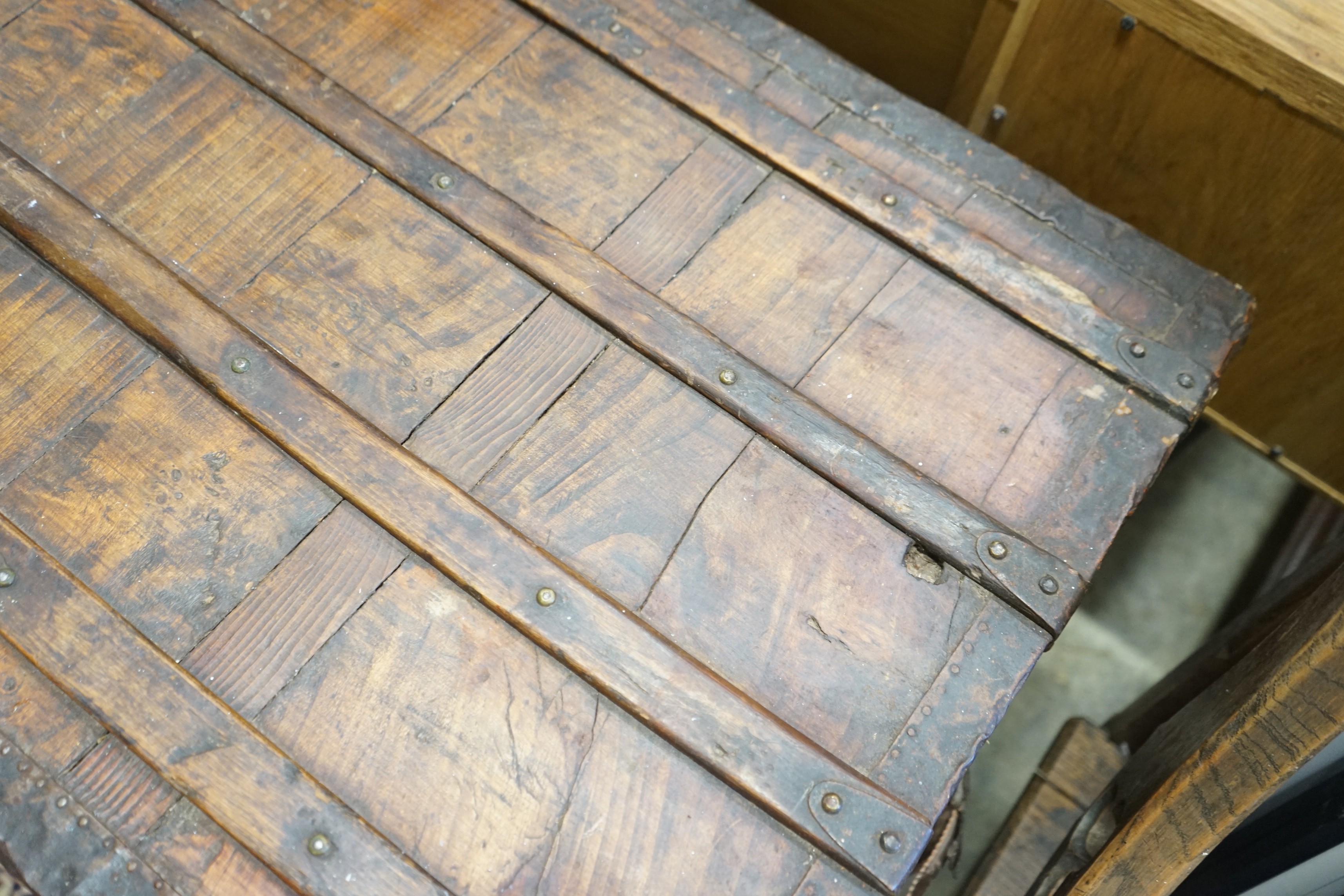 A Victorian iron and brass mounted trunk, length 109cm, depth 54cm, height 70cm